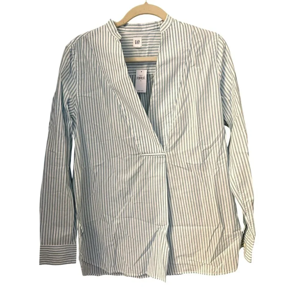 Gap Womens Cotton Blouse Striped Teal White Bib Long Sleeve Size Small - Picture 1 of 7